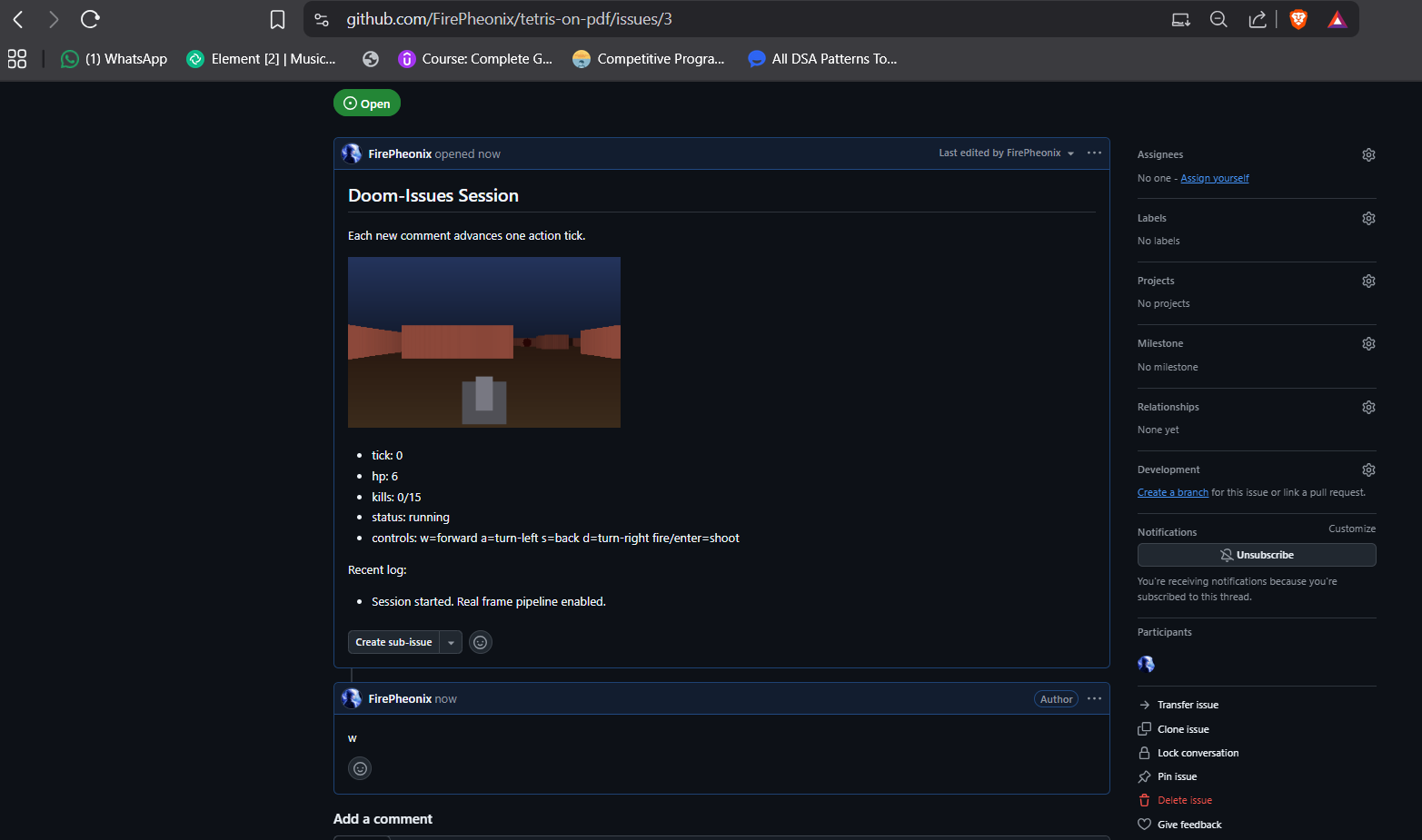 Issue session with an early generated frame and the first w command comment.