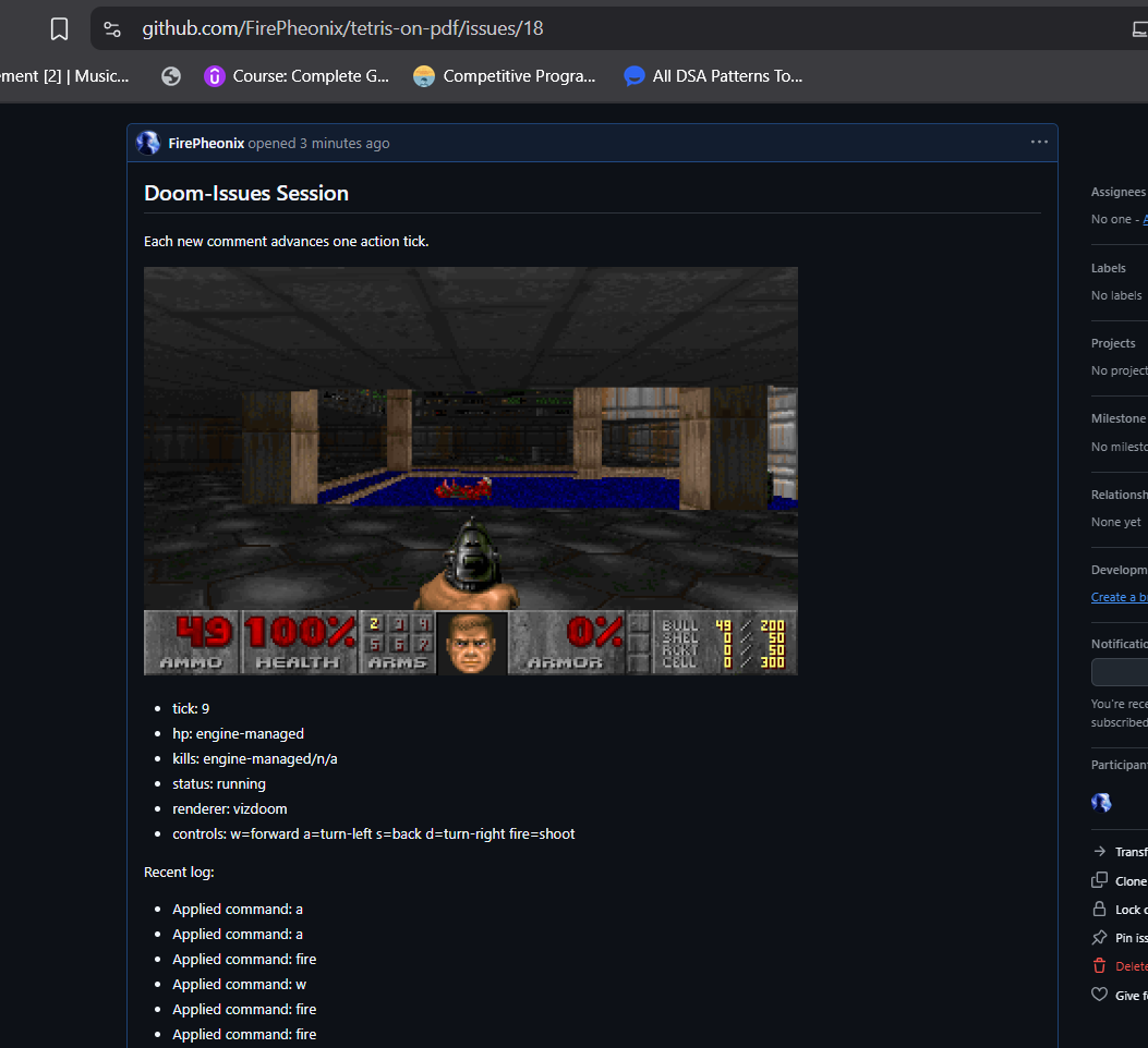 Session frame with the full classic Doom HUD visible inside the issue body.